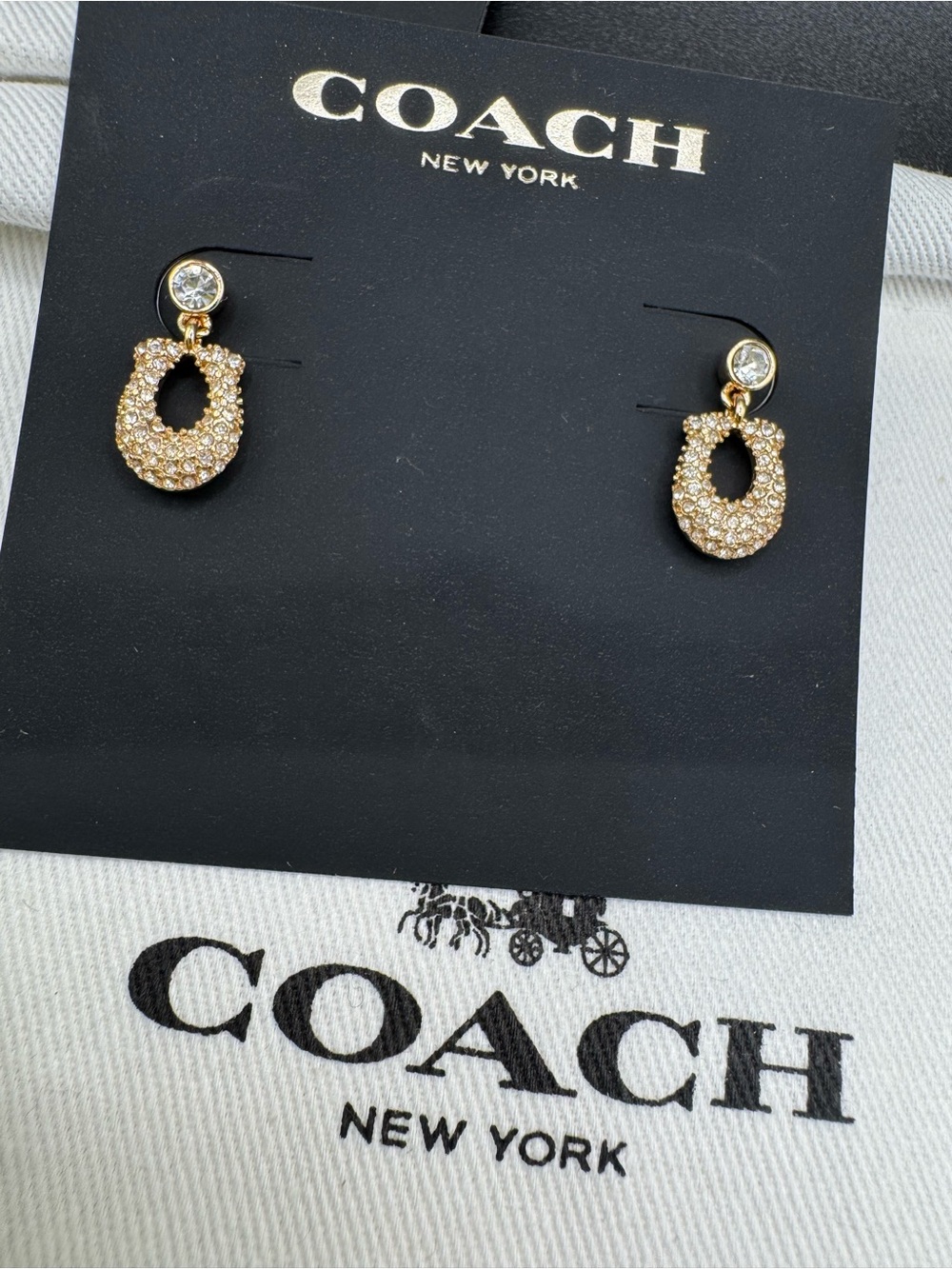 Coach Gold Crystal Pavé Horseshoe Dangle Earrings
